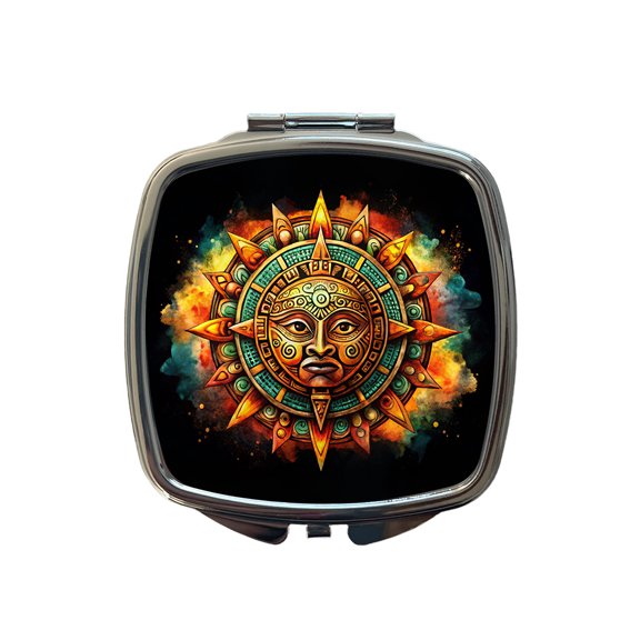 Aztec Sun God Symbol Watercolor Travel Makeup Handbag Purse Small Pocket Compact Mirror