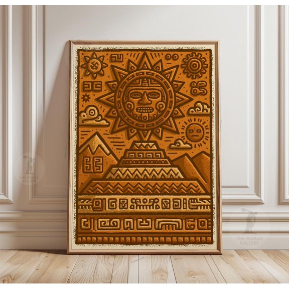 Aztec Sun Poster, Tribal Geometric Wall Art, Paper Print, Poster Only
