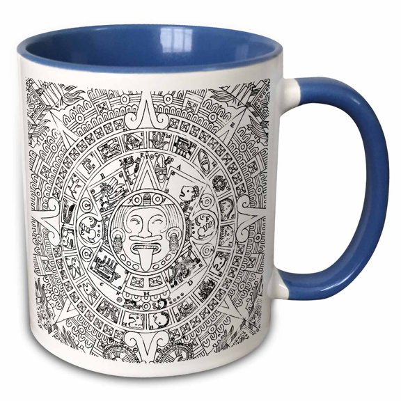3drose, Aztec Sun Stone Art Piedra Del Sol Mexica Mexico Mexican Illustration, 15oz Two-tone Blue Mug