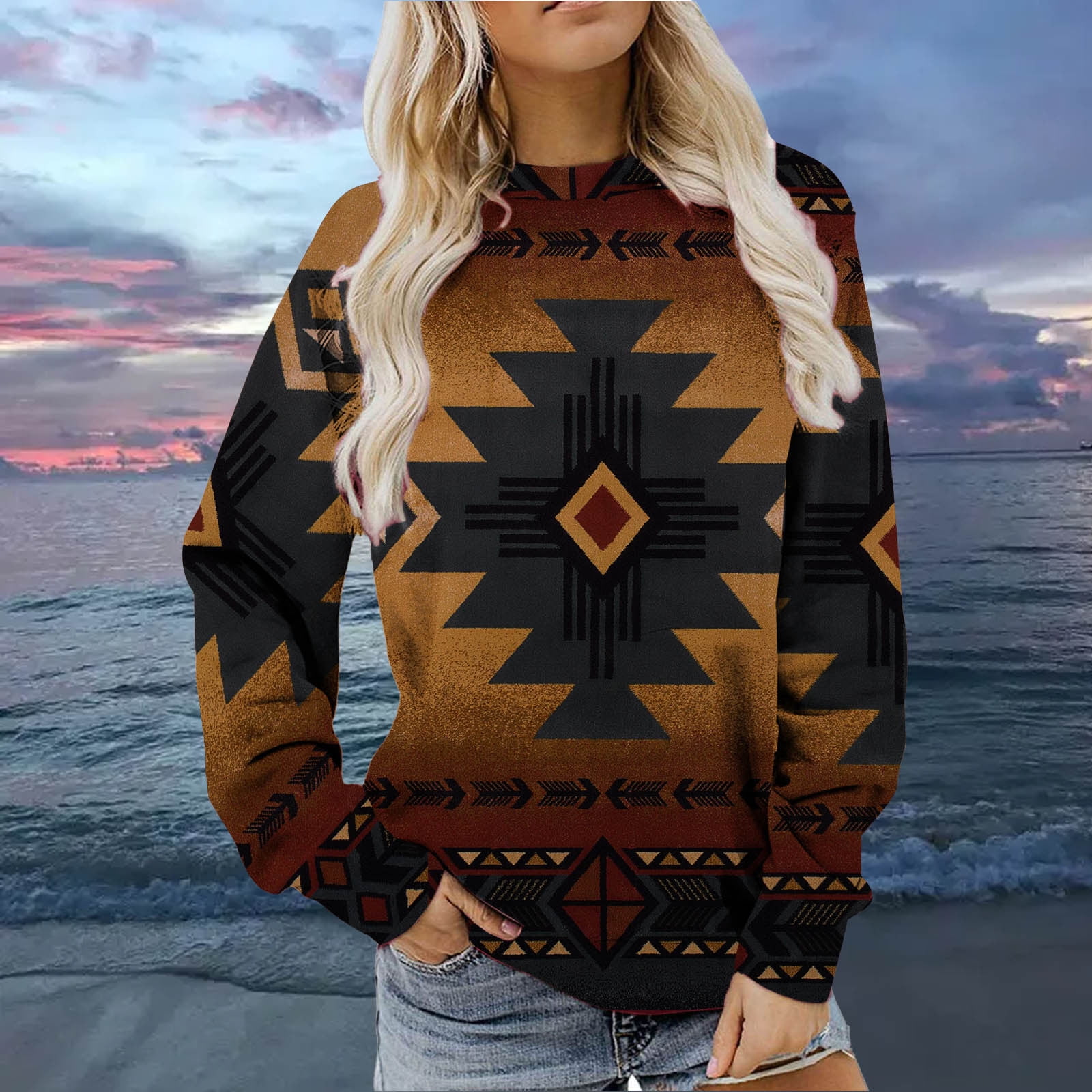 Aztec Sweatshirt Women Long Sleeve Crewneck Retro Western Ethnic T Shirts Geometric Sweatshirt Casual Tops Sweater Walmart