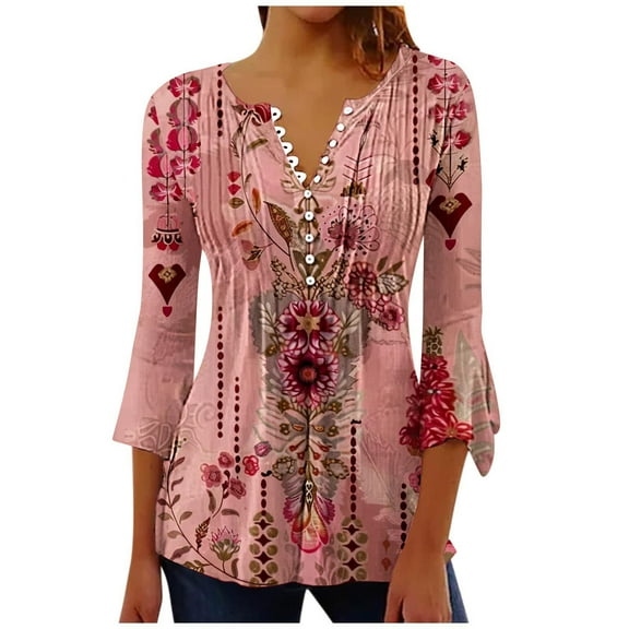 Aztec T Shirts for Womens 3/4 Flared Sleeve Tunic Tops for Leggings V Neck Button Pullover Blouses