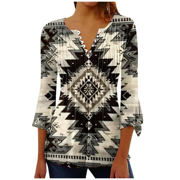Aztec T Shirts for Womens 3/4 Flared Sleeve Tunic Tops for Leggings V Neck Button Pullover Blouses