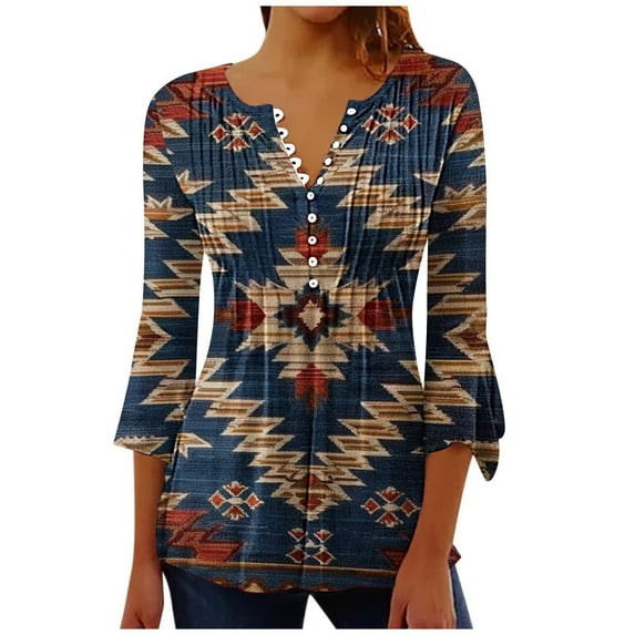 Aztec T Shirts for Womens 3/4 Flared Sleeve Tunic Tops for Leggings V Neck Button Pullover Blouses