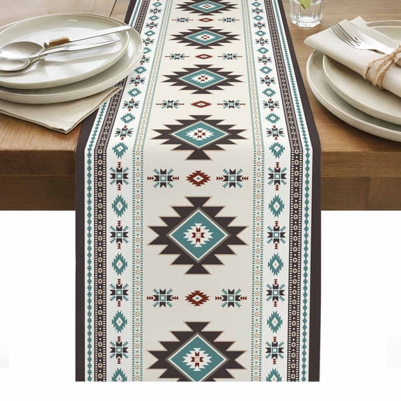 Aztec Table Runner 13 x 36 Inch, Beige Southwest Wind Bohemian Ethnic Wind Washable Cotton Linen Dining Table Runner Tabletop Decorations for Restaurant Home Kitchen Party