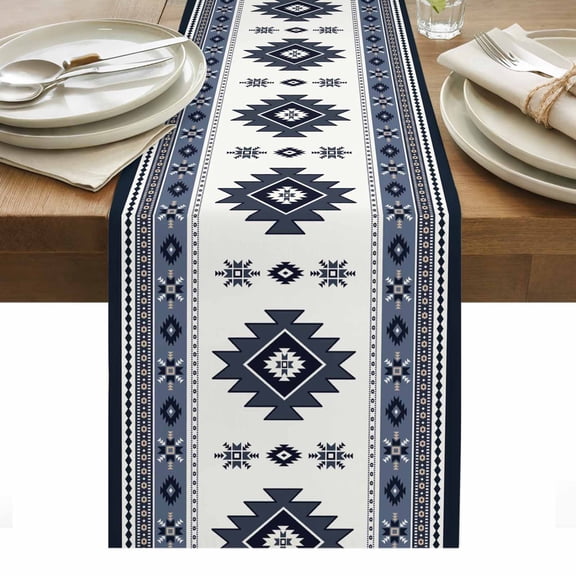 Aztec Table Runner 13 x 36 Inch, Dark Blue Southwest Wind Bohemian Ethnic Wind Washable Cotton Linen Dining Table Runner Tabletop Decorations for Restaurant Home Kitchen Party