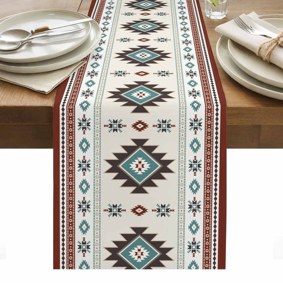 Aztec Table Runner 13 x 36 Inch, Red Southwest Wind Bohemian Ethnic Wind Washable Cotton Linen Dining Table Runner Tabletop Decorations for Restaurant Home Kitchen Party