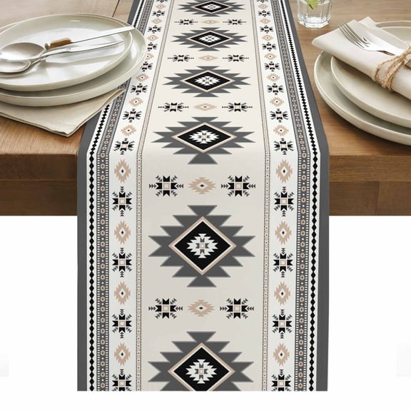 Aztec Table Runner 13 x 72 Inch, Gray Southwest Wind Bohemian Ethnic Wind Washable Cotton Linen Dining Table Runner Tabletop Decorations for Restaurant Home Kitchen Party