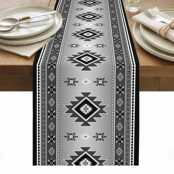 Aztec Table Runner 16 x 72 Inch, Gray Bohemian Southwest Wind Ethnic Wind Washable Cotton Linen Dining Table Runner Tabletop Decorations for Restaurant Home Kitchen Party