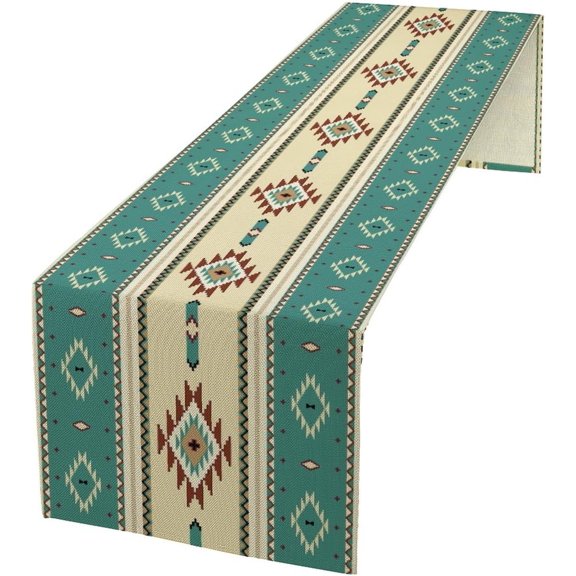 Aztec Table Runner,Ethnic Southwestern Mexican Native Indian Green Pattern Retro Table Decor Kitchen Dining Room Party Decor 13x72 inch