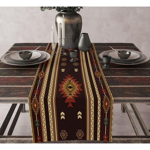 Aztec Table Runner, Vintage Ethnic Tribal Style Aztec Geometric Art Print Table Runner for Kitchen Dining Room Party Table Decor13.8x108in
