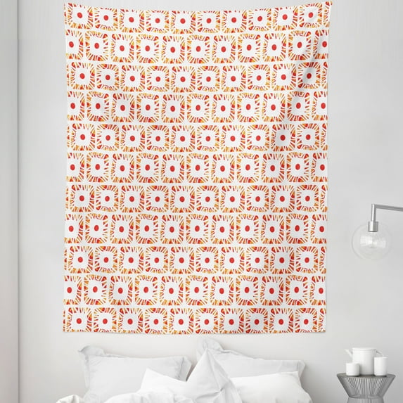Aztec Tapestry, Abstract Trippy Grunge Odd Shapes with Large Dots Hippie Culture, Fabric Wall Hanging Decor for Bedroom Living Room Dorm, 5 Sizes, Scarlet Vermilion White, by Ambesonne