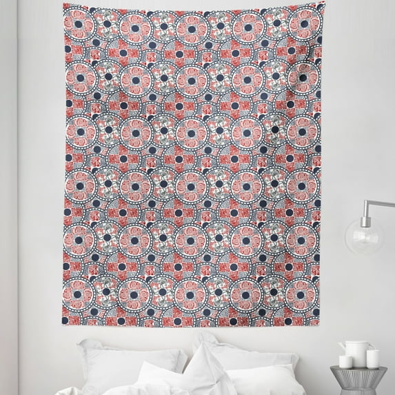 Aztec Tapestry, Indigenous Mayan Pattern with Animals and National Motifs in Circles, Fabric Wall Hanging Decor for Bedroom Living Room Dorm, 5 Sizes, Vermilion Dark Blue, by Ambesonne