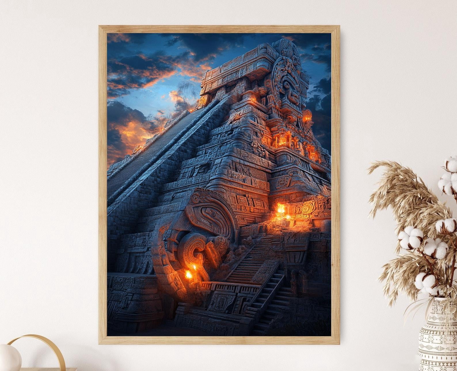 Aztec Temple Art Night Sky And Glowing Torches Poster , Poster Print ...