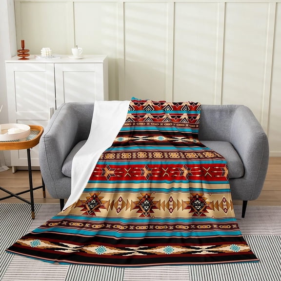 Aztec Throw Blanket Baby Size, Ethnic Tribal Arrow Flannel Fleece Blanket, Southwestern Native Bohemian Sherpa Blanket, Western Star Soft Cozy Bed Blanket for Bed Couch, Red Blue Dark Brown