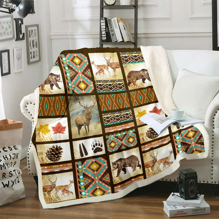 Aztec Throw Blanket Woodland Animals Black Bear Fleece Blanket Southwest Exotic Indian Tribal Geometry Blanket 60 x80 Country Deer Reindeer
