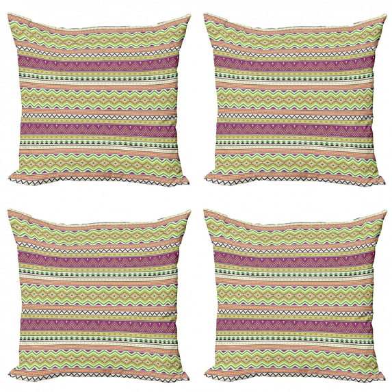 Ambesonne Aztec Throw Pillow Cover 4 Pack, Colorful Pattern Stripes Art, 24", Multicolor