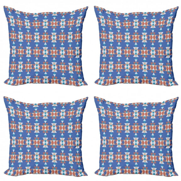 Ambesonne Aztec Throw Pillow Cover 4 Pack, Retro Native Triangular Art, 16", Azure Blue Multicolor