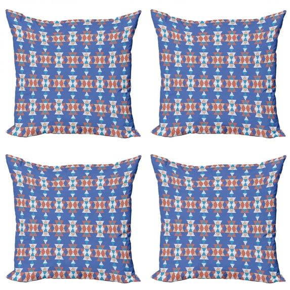 Ambesonne Aztec Throw Pillow Cover 4 Pack, Retro Native Triangular Art, 16", Azure Blue Multicolor