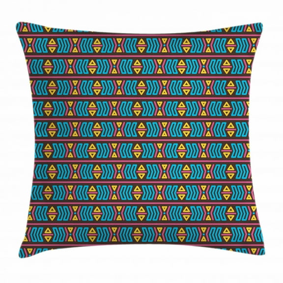 Aztec Throw Pillow Cushion Cover, Tribal Motif Pattern with Indigenous Primitive Shapes Stripes and Triangles Print, Decorative Square Accent Pillow Case, 16 X 16 Inches, Multicolor, by Ambesonne