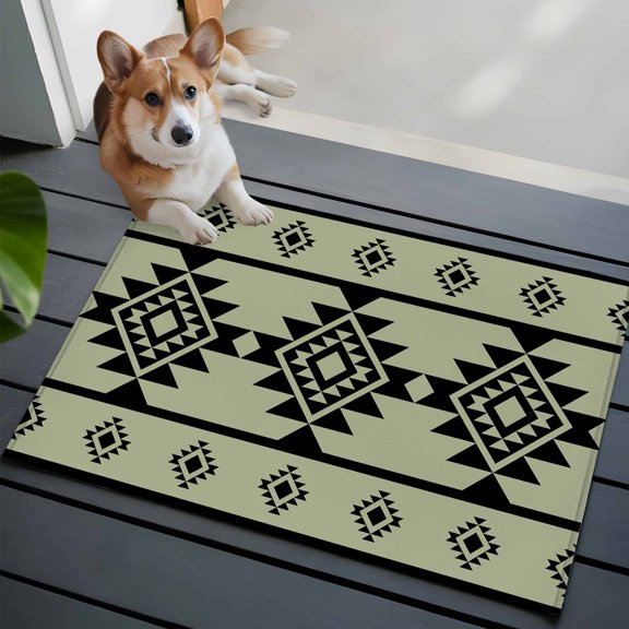 Aztec Triangle Pattern 2x3 Area Rugs for Living Room, Green Black Western Tribal Non Slip Floor Mat Washable Low-Profile Indoor Carpet for Bedroom, Dining Room, Bathroom