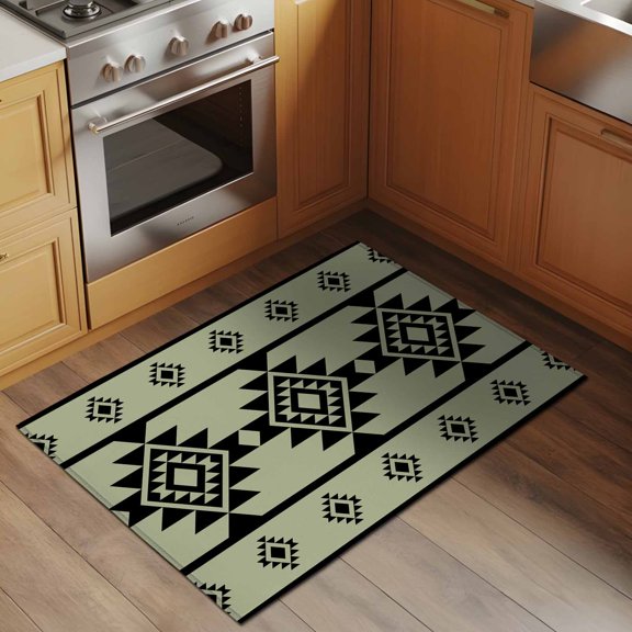 Aztec Triangle Pattern 2x3 Rug for Entryway Front Door Kitchen Sink Area, Green Black Western Tribal Low Pile Washable Non Slip Rectangle Area Rug