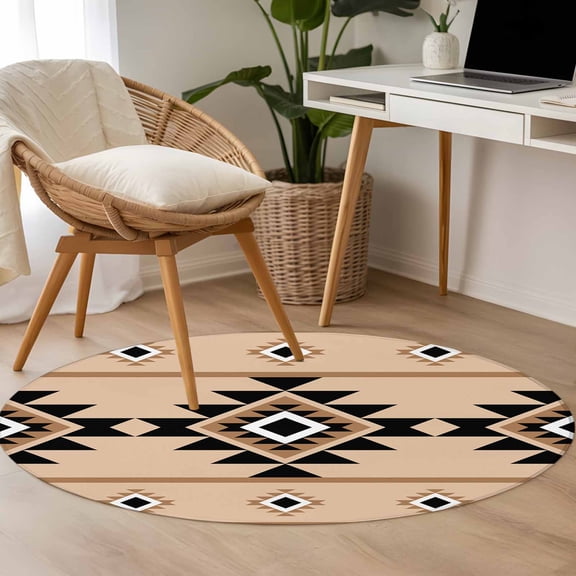 Aztec Triangle Pattern 3.3ft Round Rug for Bedroom Reading Corner, Brown Black Western Tribal Washable Non Slip Circle Area Rug