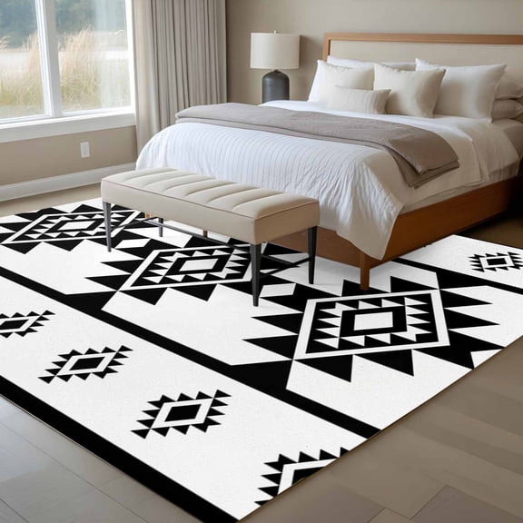 Aztec Triangle Pattern 6x9 Rug for Dining Room Table and Chair Setup, Black White Western Tribal Low Pile Washable Non Slip Rectangle Area Rug