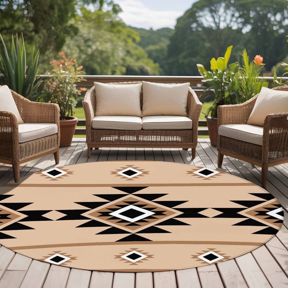 Aztec Triangle Pattern 8ft Round Rug for Open Concept Living Room Seating Zone, Brown Black Western Tribal Washable Non Slip Large Circle Area Rug