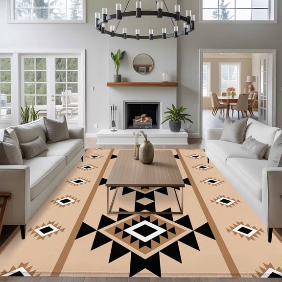 Aztec Triangle Pattern 8x10 Area Rug for Living Room Sectional Sofa, Brown Black Western Tribal Washable Non Slip Large Rectangle Area Rug