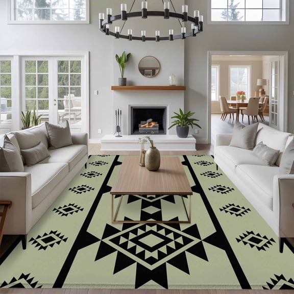 Aztec Triangle Pattern 8x10 Area Rug for Living Room Sectional Sofa, Green Black Western Tribal Washable Non Slip Large Rectangle Area Rug