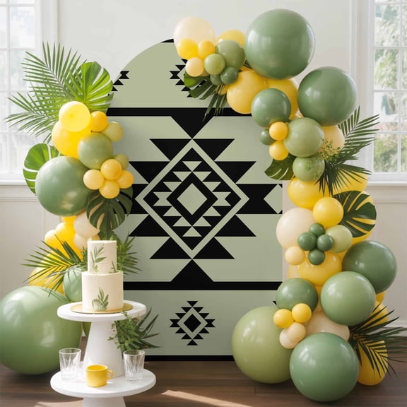 Aztec Triangle Pattern Arch Backdrop Cover, 6.6FT, Green Black Western Tribal Spandex Arch Covers Double-Sided Backdrop for Wedding Birthday Party Photo Background Decoration