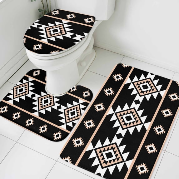 Aztec Triangle Pattern Bathroom Rugs Set Pink Black White Western Tribal Non Slip Absorbent Soft Bath Mats 3 Piece Set with Bathroom Rug, U-Shaped Floor Mat, Toilet Seat Cover Small Size