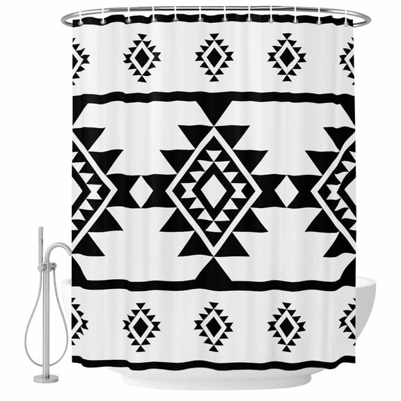 Aztec Triangle Pattern Bathroom Shower Curtains with Hooks, Black White Western Tribal Waterproof Fabric Washable Shower Curtain for Home Hotel Bathtub Decor 36x72 Inch