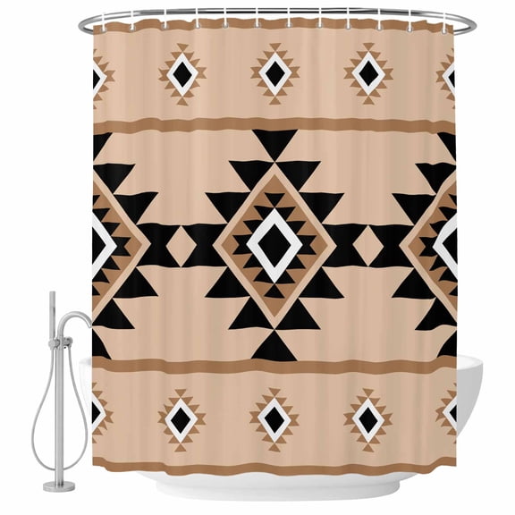 Aztec Triangle Pattern Bathroom Shower Curtains with Hooks, Brown Black Western Tribal Waterproof Fabric Washable Shower Curtain for Home Hotel Bathtub Decor 36x72 Inch