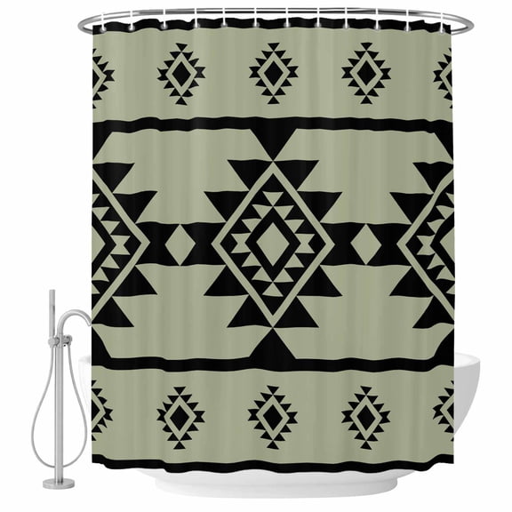 Aztec Triangle Pattern Bathroom Shower Curtains with Hooks, Green Black Western Tribal Waterproof Fabric Washable Shower Curtain for Home Hotel Bathtub Decor 72x72 Inch