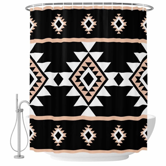 Aztec Triangle Pattern Bathroom Shower Curtains with Hooks, Pink Black White Western Tribal Waterproof Fabric Washable Shower Curtain for Home Hotel Bathtub Decor 36x72 Inch
