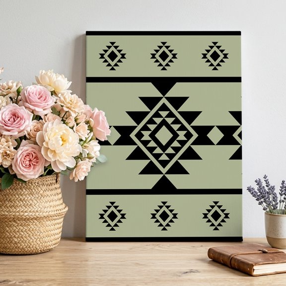 Aztec Triangle Pattern Canvas Wall Art, Green Black Western Tribal Framed Canvas Wall Decor Picture Print Artwork Decorations for Living Room Office Ready to Hang 36" x 24"