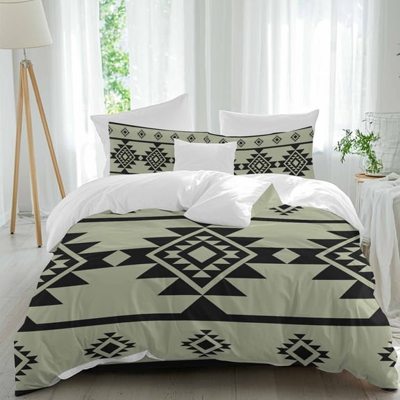 Aztec Triangle Pattern Comforter Set Twin Size, Green Black Western Tribal Soft Bedding Set for Man Woman, 4 Pieces Duvet Cover Set with Fitted Sheet, 2 Pillowcases