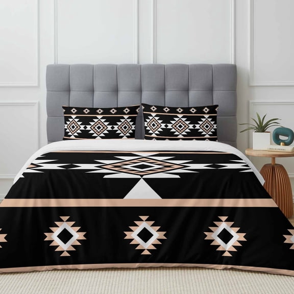 Aztec Triangle Pattern Duvet Cover Set King Size, Pink Black White Western Tribal 4 Piece Soft Microfiber Bedding Set with Zipper Closure, 1 Comforter Cover, 1 Flat Sheet, 2 Pillowcases
