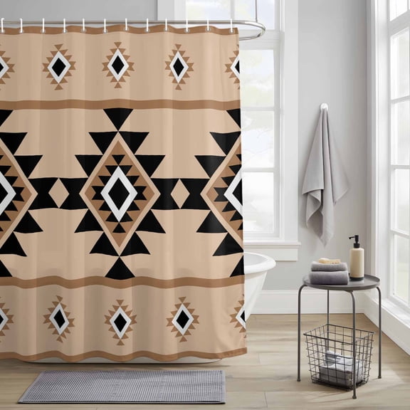 Aztec Triangle Pattern Fabric Shower Curtain for Bathroom Waterproof Polyester Bath Curtain with 12 Hooks Brown Black Western Tribal Washable Shower Curtain with Grommets 36"x72"