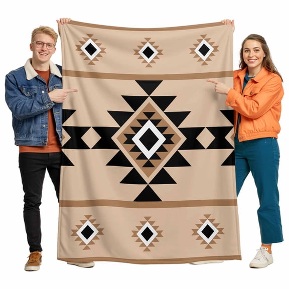 Aztec Triangle Pattern Flannel Blanket for Bed,Travel and Camping, Brown Black Western Tribal Super Soft Cozy Blanket for All Seasons 50"x60"