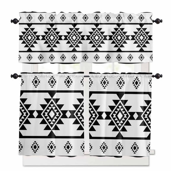 Aztec Triangle Pattern Kitchen Curtains Valance and Tier Set Black White Western Tribal Rod Pocket Short Curtains for Small Window 3 Pieces Set for Bedroom Bathroom Cafe (54" x 18"+27" x 24")