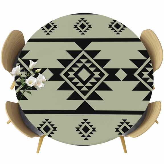 Aztec Triangle Pattern Round Fitted Tablecloth with Elastic Edge, Green Black Western Tribal Stretch Table Covers for 45"-54" Tables Wipeable Table Cloth for Outdoor