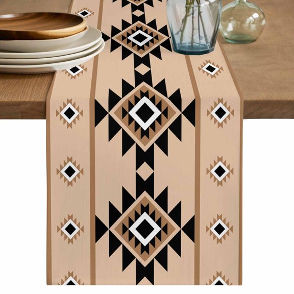 Aztec Triangle Pattern Table Runner, Brown Black Western Tribal Cotton Linen Kitchen Table Decoration Washable Dining Tabletop Runners for Home Party Decor 13x36 Inches