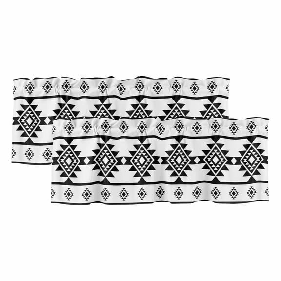 Aztec Triangle Pattern Window Valance, Black White Western Tribal 2 Pack Decorative Curtain for Small Windows, Light Filtering Valance with 3” Rod Pocket, 42"W x 18"L