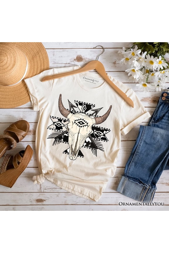 Aztec Tribal Bull Skull T-Shirt, Western Boho Tee