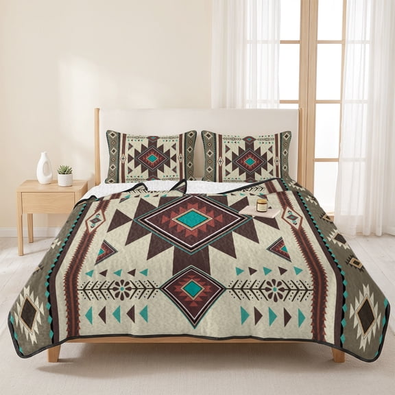 Aztec Tribal Ethnic Style 3 Pieces Quilt Set,1 Quilt with 2 Shams,Retro Brown Geometric Bedspread Soft Lightweight Bedding Coverlet Comforter Set for All Season 96"x106"