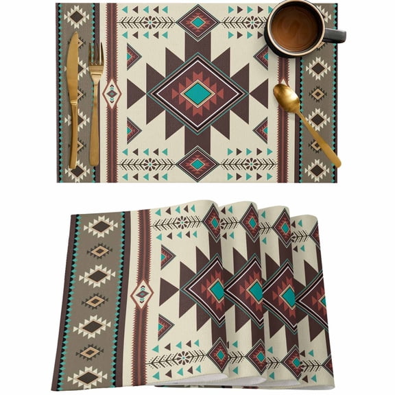 Aztec Tribal Ethnic Style Placemats Set of 4,Wipeable Washable Table Mats for Dining Tables,Retro Brown Geometric Place Mats for Kitchen Event Party Tabletop Decor