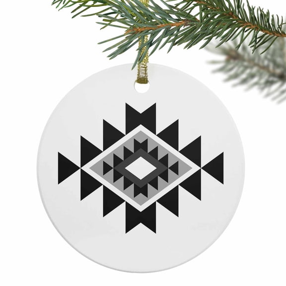 Aztec Tribal Geometric Black Gray Christmas Ceramic Ornament 2025,3" Round Xmas Tree Hanging Accessories with Gold Ribbon