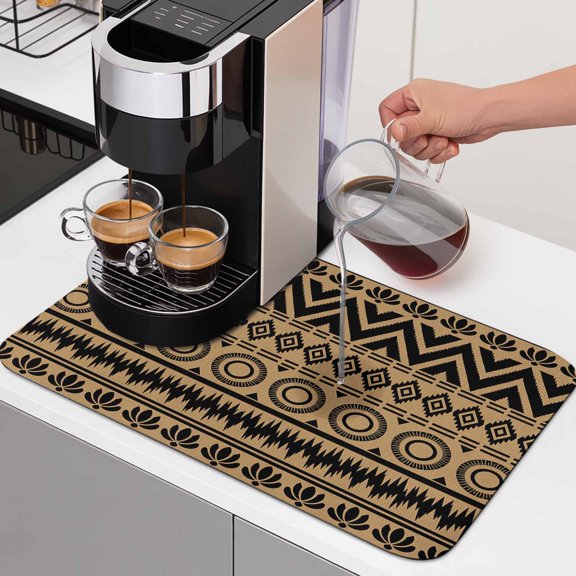 Aztec Tribal Stripe Dish Drying Mats for Kitchen Counter, Ethnic Chevrons Zigzags Diamonds Brown Absorbent Coffee Bar Mat with Non-slip Rubber Backed Quick Drying Dish Rack Pad 12"x16"